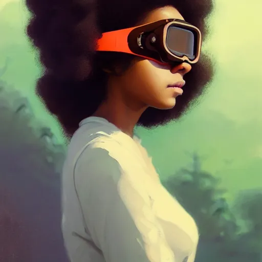 Image similar to Beautiful woman wearing opaque goggles profile picture by Greg Rutkowski, brown skin, long afro hair, asymmetrical, studio ghibli, Organic Painting , Matte Painting, geometric shapes, hard edges, street art, trending on the artstation, fantasy LUT, realistic by Sachin Teng,