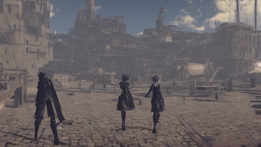 Prompt: Screenshot from Nier Automata, at the Old Port of Marseille