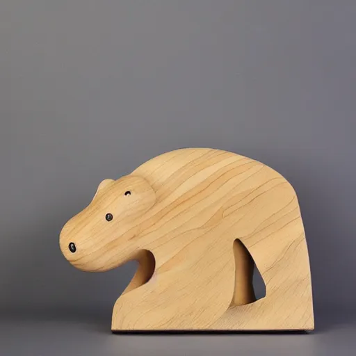 Image similar to a beautiful minimalist curvy shaped small sculpture of hippopotamus hippo baby, wood and blue epoxy, cubic blocks mix stripes cuts, detailed, fine, gorgeous