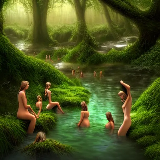 Image similar to beautiful digital fantasy illustration of A woody green field with a stream running through it, with a group of dryad women standing in the water. They seem to be preparing to submerge themselves in the cool, clear waters of the stream. cgsociety, fantasy art, highly detailed, soft lighting, rendered in octane, masterpiece, very very very aesthetic