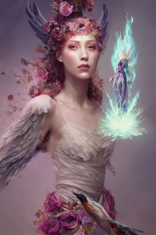 Image similar to beautiful girl necromancer, witch - doctor exploding into flowers fire crystal dress, angels, 3 d render, hyper - realistic detailed portrait, holding electricity and birds, ruan jia, wlop. scifi, fantasy, magic the gathering, hyper detailed, octane render, concept art by artgerm, peter mohrbacher