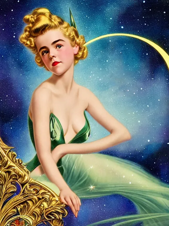 Image similar to kiernan shipka as tinkerbell glowing, a beautiful art nouveau portrait by Gil elvgren and Hajime Sorayama, moonlit starry sky environment, centered composition, defined features, golden ratio, gold jewlery, photorealistic professionals lighting, cinematic, sheer