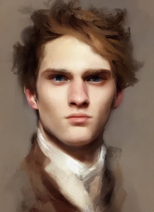 Prompt: portrait of a majestic 2 0 year old man with wavey brown hair, royal, attractive glance, by wlop and william turner, trending on artstation
