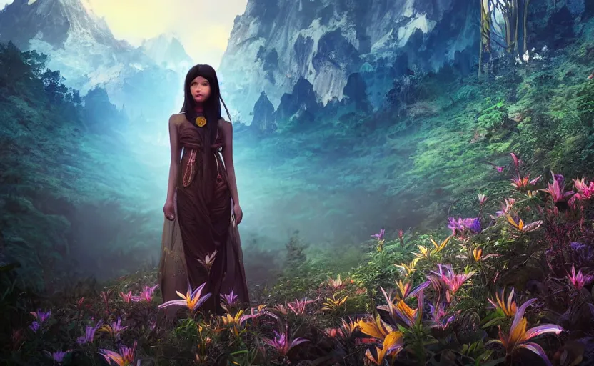 Image similar to beautiful Himalayan woman, sci-fi tibetan fashion, brown very very long hair, somber, scene of a summer forest with glowing blue lillies, dramatic light, wide angle, dramatic pose, dramatic angle , 8k hdr pixiv by Makoto Shinkai and Wojtek Fus