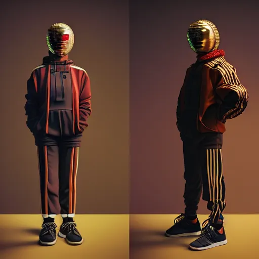 Image similar to Colour aesthetic Caravaggio style full body Photography of Highly detailed gopnik with 1000 year old detailed face, wearing Adidas sport suit and wearing highly detailed retrofuturistic sci-fi Neural interface designed by Hiromasa Ogura . In style of Josan Gonzalez and Mike Winkelmann and andgreg rutkowski and alphonse muchaand and Caspar David Friedrich and Stephen Hickman and James Gurney and Hiromasa Ogura. Rendered in Blender and Octane Render volumetric natural light