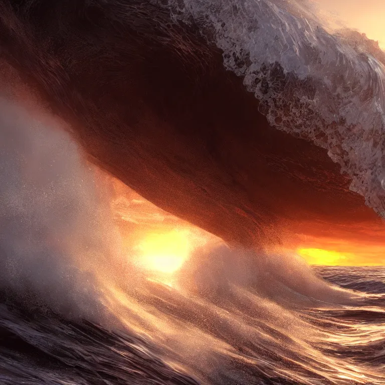 Prompt: a cinematic shot of an epic wave at sunset, by Andy Thomas, Mario Martinez, Daniel Mirante, Gustave Dore, Artstation, CGsociety, masterpiece