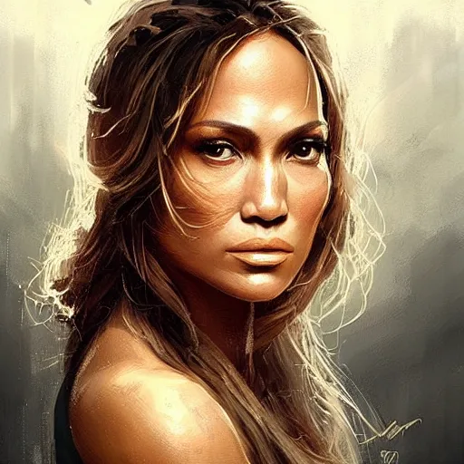 Image similar to “Portrait of Jennifer Lopez by Greg Rutkowski, young, attractive, highly detailed portrait, scifi, digital painting, artstation, concept art, smooth, sharp foccus ilustration, Artstation HQ”