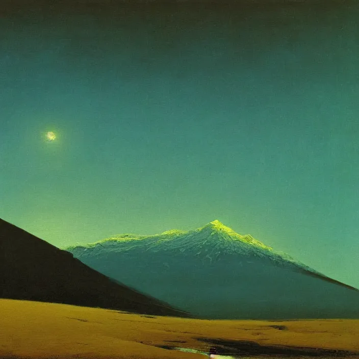 Prompt: mt elbrus at night, arkhip kuindzhi, oil painting, realism, luminous, christian mysticism, teal palette