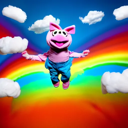 Image similar to studio photograph of a flying pig with wings depicted as a muppet in a blue sky with cotton ball clouds and rainbows