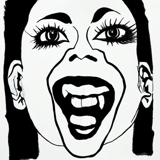 Image similar to portrait of crazy eyed model screaming black ink on paper