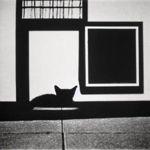 Prompt: wide - shot low - angle ant's eye view, sharp shadow!! of a cat!! only shadow on the wall in the street, polaroid photo, by andy warhol