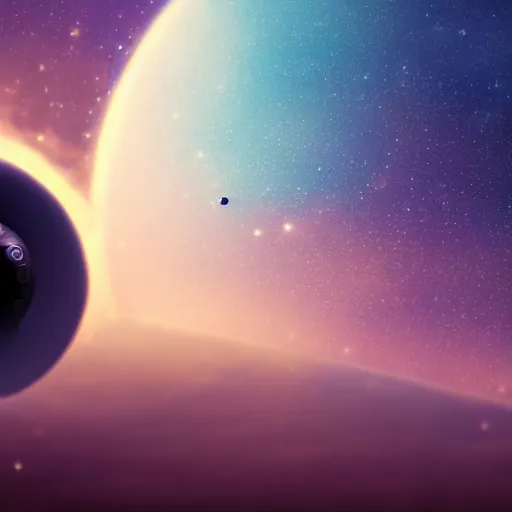 Prompt: Small spaceship, galaxy background, small planet, cinematic shot, masterpiece, 4k, digital art, trending on artstation