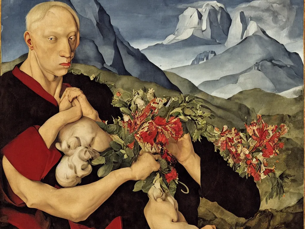 Image similar to Portrait of strange albino, blue-eyed man, blonde, in a monk robe holding wilted flowers in his arms. Thunderstorm, icy mountains in the background. Painting by Lorenzo Lotto, Otto Dix