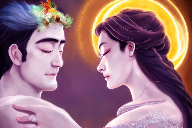 Image similar to a cinematic portrait of wedding photograph jpeg close up moment of a divine a japan sun god and moon goddess lovers magician at a wedding banquet. portraiture. digital painting. artstation. concept art. wedding photo. digital painting. frozen ii art masterpiece by art by krenz cushart