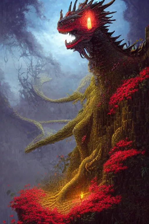 Image similar to a beautiful digital painting of a detailed dragon roots, fireflies flowers by benoit b. mandelbrot, steven belledin, martin johnson heade, lee madgwick, caspar david friedrich, and david rios ferreira. 8 k resolution trending on artstation concept art digital illustration