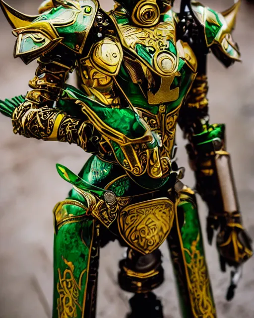Image similar to an elf ranger wearing green and gold futuristic mecha armor with ornate rune carvings and glowing lining, very detailed, shot in canon 50mm f/1.2,