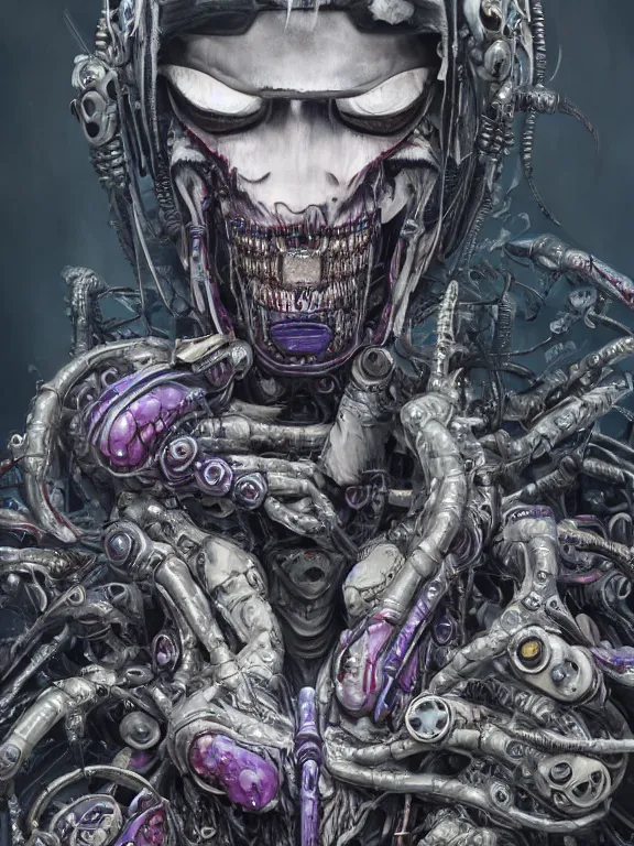 Image similar to portrait art of 8k ultra realistic undead eldritch horror ghost in the shell , detailed intricate ornate armour,decaying, cybernetic, full of colour, cinematic lighting, battered, trending on artstation, 4k, hyperrealistic, focused, extreme details,unreal engine 5, cinematic, masterpiece, art by ayami kojima, giger