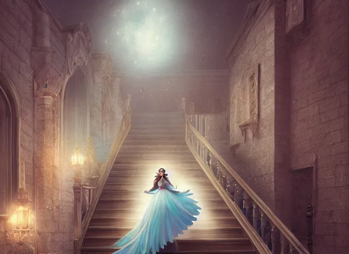 Prompt: a princess runing down a stair, cinderella, magical, crystal, detailed, night, 3 d, octance render, by wlop, dark academia