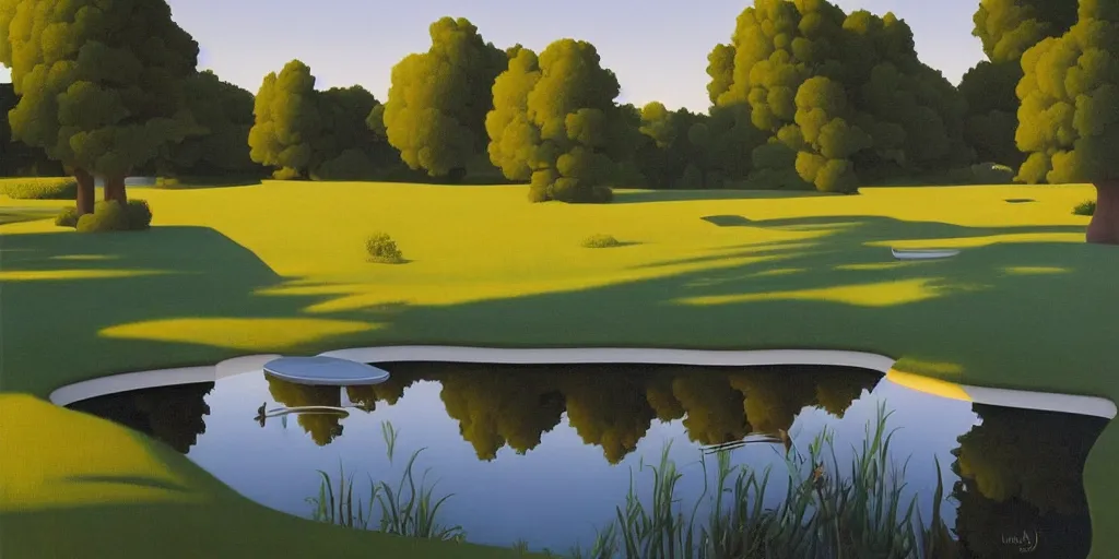 Prompt: the pond, blue sky, summer evening, kenton nelson