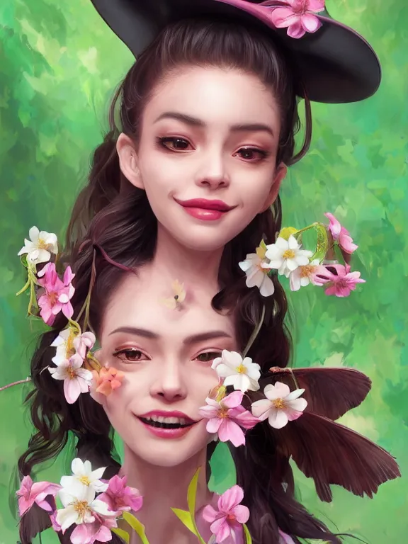 Prompt: Full shot of a cute mischievous young spring witch about to get up to some trouble with her playful bat familiar. Latin American fashion. Floral patterns. cherry blossoms. Bats. Black and Pink and Lime Green palette. Magic. Latina girl. brown skin. defined facial features, symmetrical facial features. Smiling. By Ruan Jia and Artgerm and Range Murata and WLOP and Ross Tran and William-Adolphe Bouguereau. Key Art. Fantasy Illustration. award winning, Artstation, intricate details, realistic, Hyperdetailed, 8k resolution.