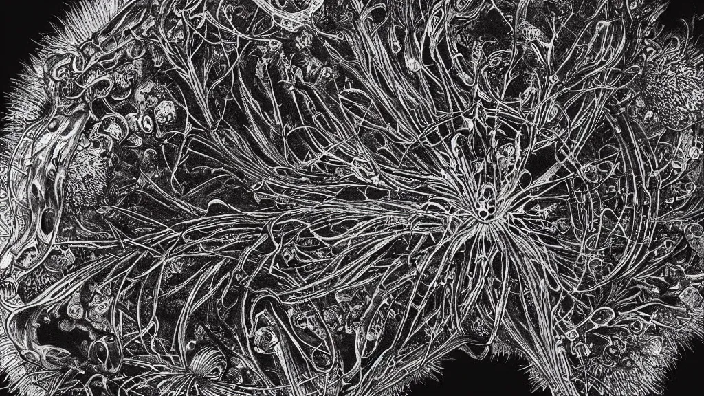 Prompt: beautiful close-up picture of a coronavirus inside a television screen, dark, sinister, hyperdetailed, high contrast, art by Ernst Haeckel and Greg Rutkowski