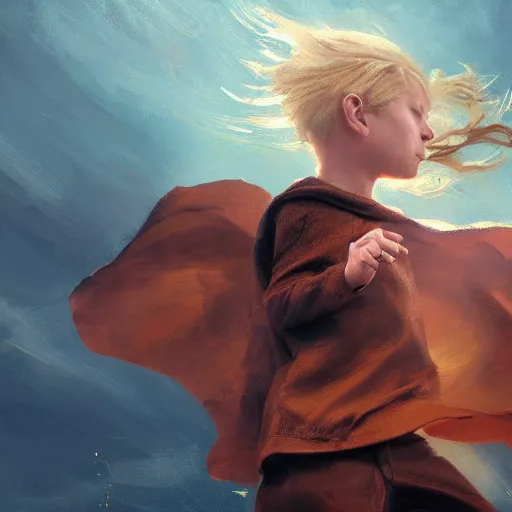 Prompt: blonde boy wearing a brown cape and flying in t pose, closeup, powerful, space background, oil painting, brush strokes, greg rutkowski