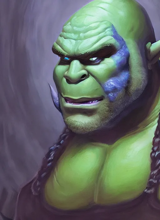 Image similar to dramatic oil painting of shrek as thrall from world of warcraft, artstation, shrek, epic, dramatic,