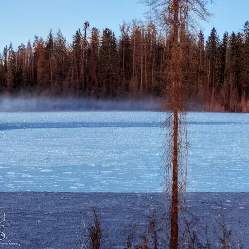 Prompt: a photo of a beautiful lake panorama. The lake is frozen, the water is the flag of Finland, 24mm picture