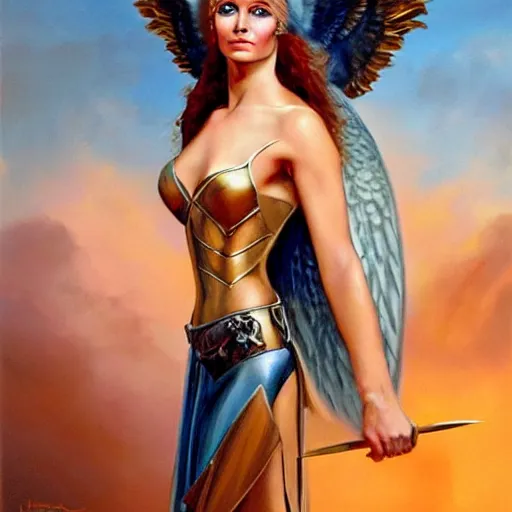 Prompt: portrait of a gorgeous valkyrie who looks like a young lauren holly by boris vallejo and julie bell, upper body, soft details, soft lighting, oil painting, HD, elegant, intricate, masterpiece