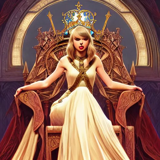 Image similar to Taylor Swift sitting on a majestic throne wearing a crown, D&D style, fantasy, intricate, elegant, highly detailed, digital painting, artstation, concept art, matte, sharp focus, illustration, art by Artgerm and Greg Rutkowski and Alphonse Mucha