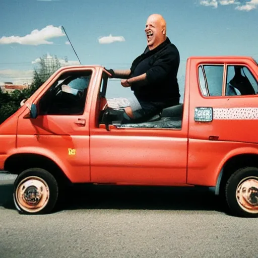 Prompt: Photo of excited Homer Simpson sitting in the driver seat of a LADA VAZ-1111