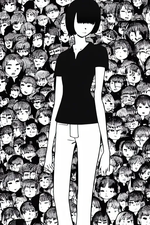 Image similar to portrait of a girl in long pants and a top, hands in pockets, eyes closed, bob haircut, digital art, black and white, lineart by junji ito and kaoru mori