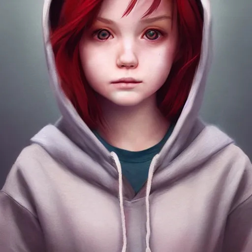 Image similar to a tiny girl with short red hair wearing a hoodie, digital art, cute face, very beautiful face, pretty face, very detailed eyes, full body illustration, 8 k resolution, soft painting, by greg rutkowski, wlop, rossdraws,