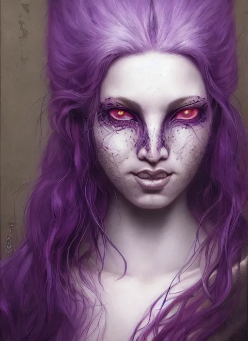 Image similar to a detailed facial portrait of a female nekomata with purple hair and orange eyes, a beautiful face, mutation, by tom bagshaw, by dorian cleavenger, zdzisław beksinski, bastien lecouffe - deharme trending on artstation