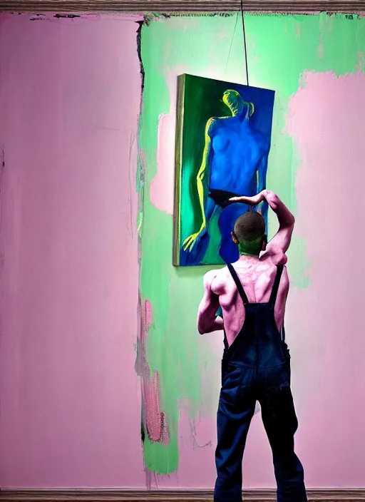 Image similar to an insane, skinny, artist wearing overalls, expressive painting the walls inside a grand messy studio, hauntingly surreal, highly detailed painting by francis bacon, edward hopper, adrian ghenie, gerhard richter, and james jean, soft light 4 k in pink, green and blue colour palette, cinematic composition,