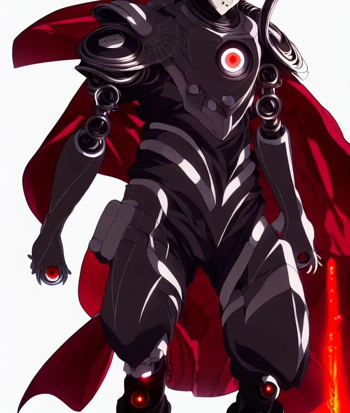 Image similar to a detailed manga illustration character full body portrait of a dark haired cyborg anime man who has a red mechanical eye and is wearing a cape, trending on artstation, digital art, 4 k resolution, detailed, high quality, sharp focus, hq artwork, insane detail, concept art, character concept, character illustration, full body illustration, cinematic, dramatic lighting