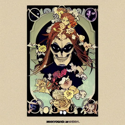 Image similar to anime manga skull portrait marvel batman comic skeleton illustration style by Alphonse Mucha pop art nouveau