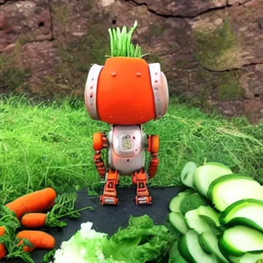 Image similar to robot made of vegetables with tomato head and a carrot sword, made in abyss style