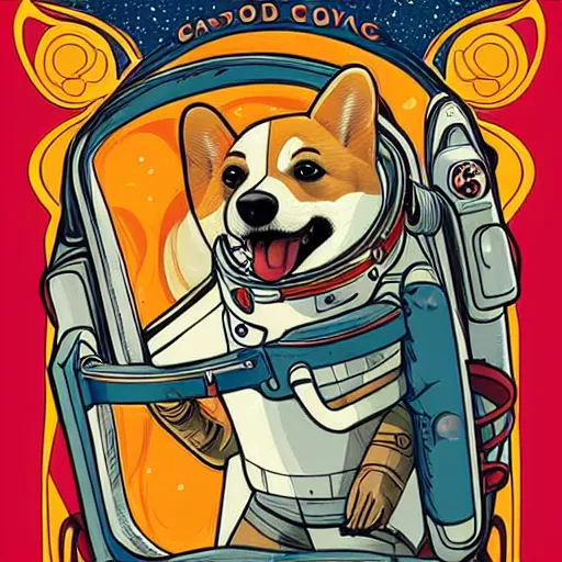 Prompt: art nouveau corgi cosmonaut, inspiring, heroic, intricate, detailed, space, sci - fi, cosmic, rockets, stars