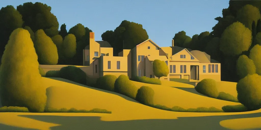 Prompt: a yellow manor on a hill, evening, summer, painting by Kenton Nelson