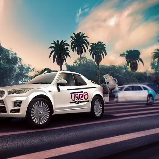 Image similar to a photorealistic image of bichon frise riding in the back on an uber in Hollywood at dusk. This 4K HD image is Trending on Artstation, featured on Behance, well-rendered, extra crisp, features intricate detail and the style of Unreal Engine.