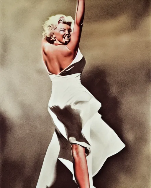 Prompt: donald trump as marilyn monroe flying skirt pose, by sam shaw, realistic, detailed