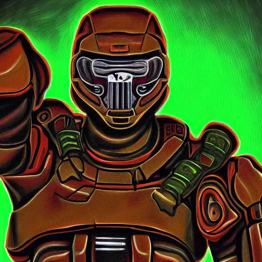 Image similar to portrait of doomguy, highly detailed, centered, digital painting