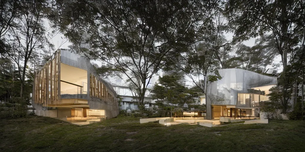 Image similar to Architectural photography of beautiful nature meets architecture concept of a residential house by Kengo Kuma, volumetric lighting,, luxury, high detail, 14mm, cinematic photography, archdaily, high resolution