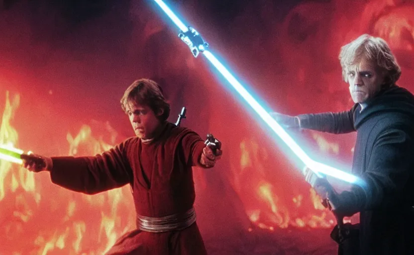 Image similar to screenshot of Luke Skywalker battling the ghost of Emporer Palpatine, with scattered ruins of a fiery pink forest, iconic scene from 1970s film by Stanley Kubrick, rise of skywalker, 4k HD, cinematic lighting, beautiful portrait of Mark Hammill, moody scene, stunning cinematography, anamorphic lenses, kodak color film stock, fire reak real life, ultra realistic, movie still