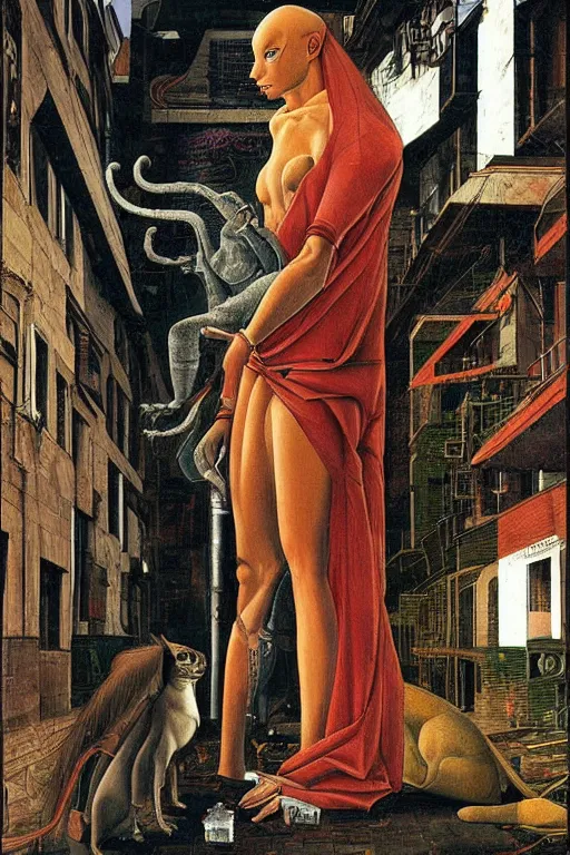 Image similar to a cyborg! sphynx cat!!, in a cyberpunk alleyway by sandro botticelli