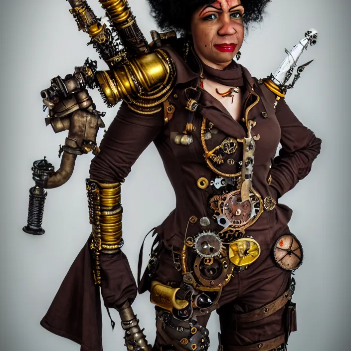 Prompt: full body photograph of achristina hendricks as a steampunk warrior, Extremely detailed. 8k