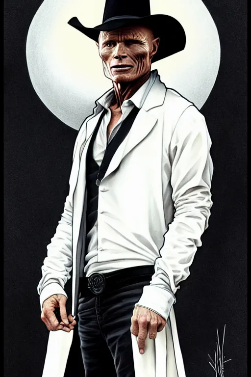 Image similar to ed harris as the man in black, westworld, wearing an all white outfit in the style of art by artgerm and greg rutkowski and alphonse mucha