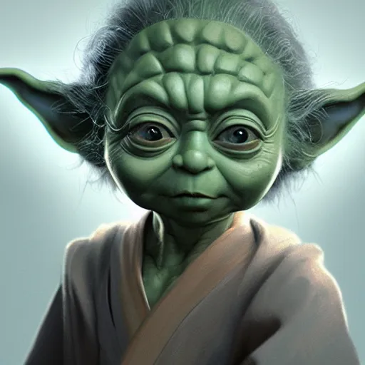 Image similar to young yoda in the dark, au naturel, hyper detailed, digital art, trending in artstation, cinematic lighting, studio quality, smooth render, unreal engine 5 rendered, octane rendered, art style by klimt and nixeu and ian sprigger and wlop and krenz cushart