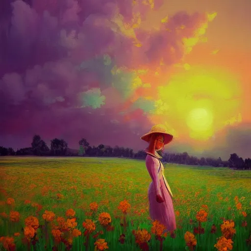 Image similar to woman with a flower face standing in flower field, surreal painting, sunrise, impressionism, colorful clouds, artstation, simon stalenhag